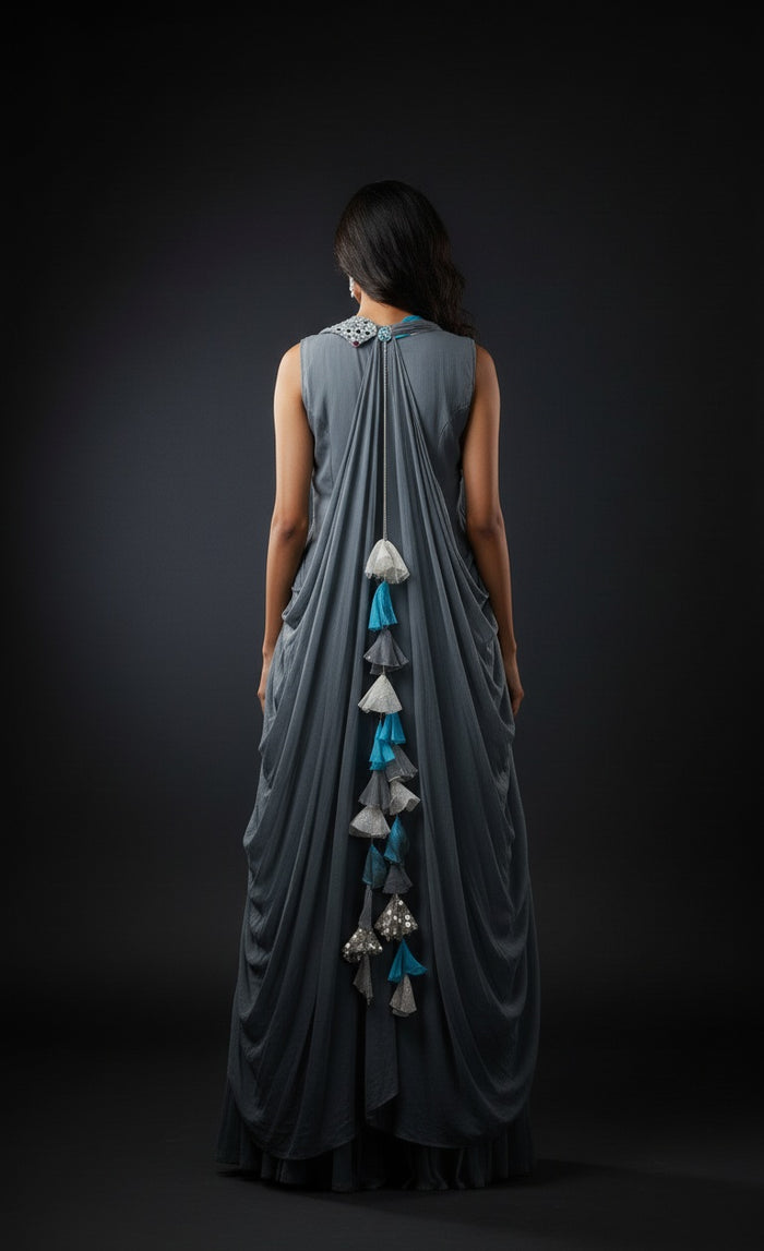 Grey and Teal Contemporary Gown with Sequin Panel