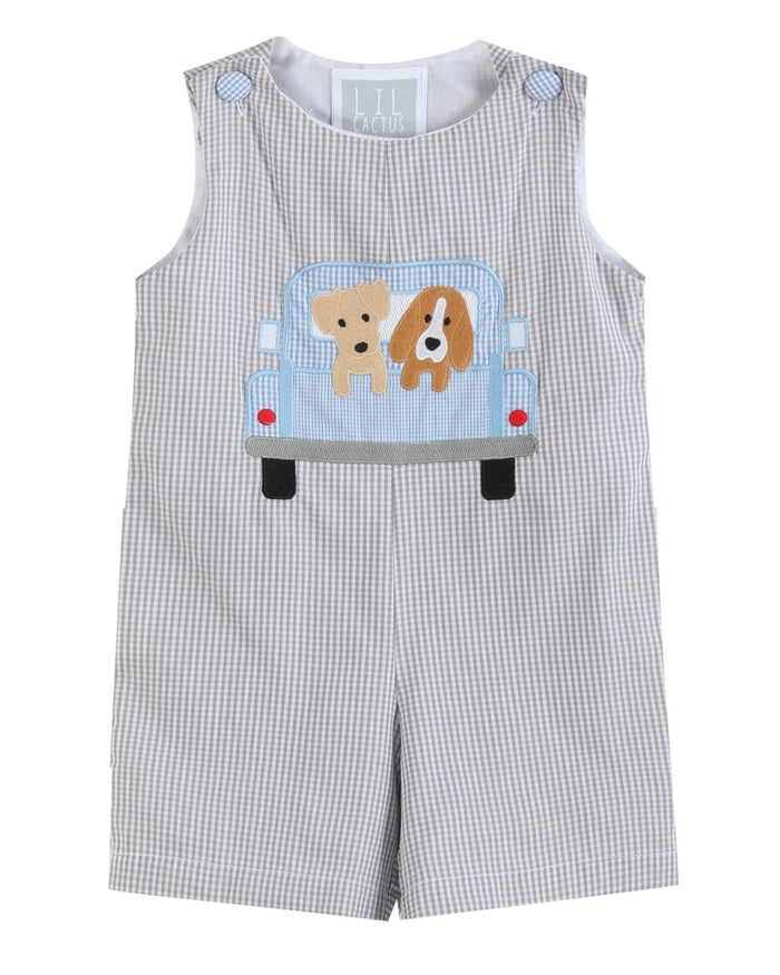 Grey Gingham Puppies in Truck Shortalls - Lil Cactus