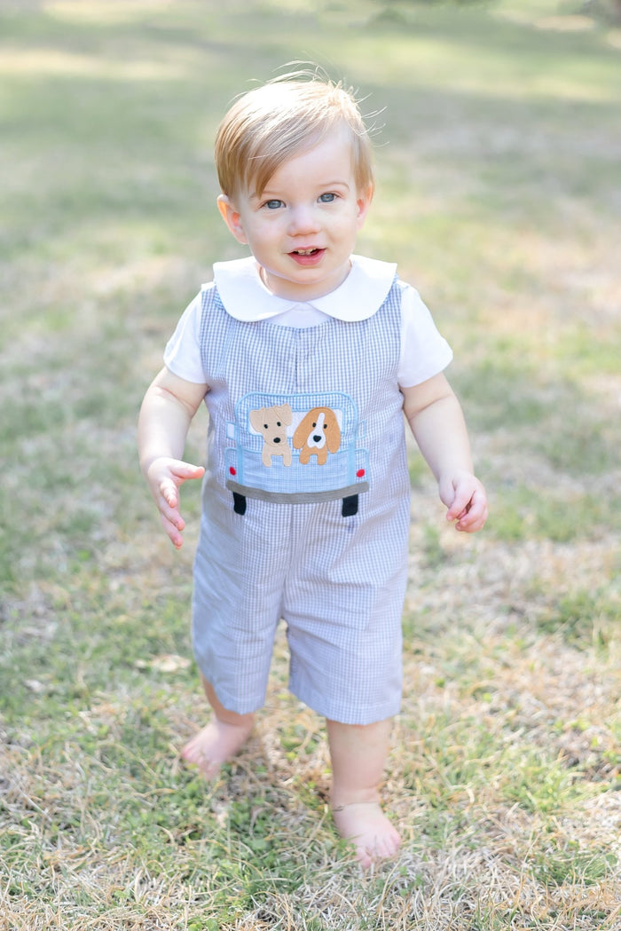 Grey Gingham Puppies in Truck Shortalls - Lil Cactus