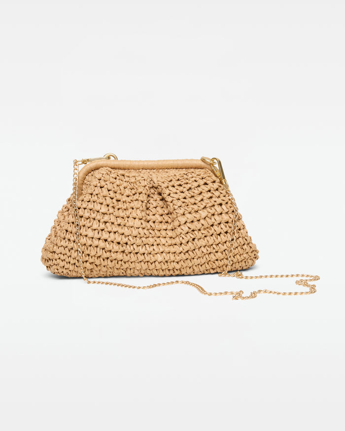 Off-model front view of the Harmony Bag in natural, a crochet raffia clutch with a gold frame clasp closure and gold chain strap, on a white background.