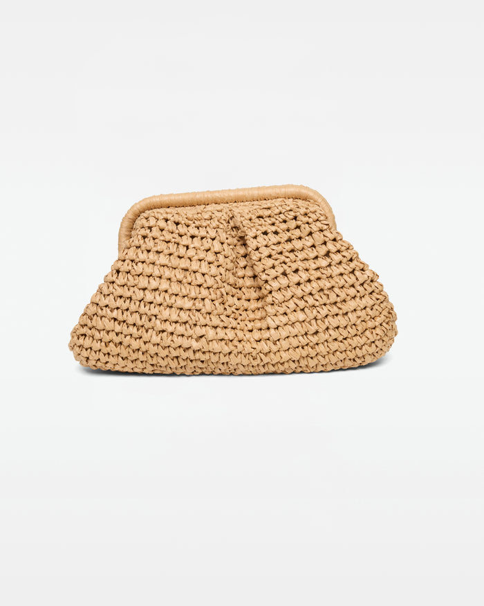 Off-model front view of the Harmony Bag in natural as a clutch without the chain strap, showing the crochet body and frame clasp, on a white background.