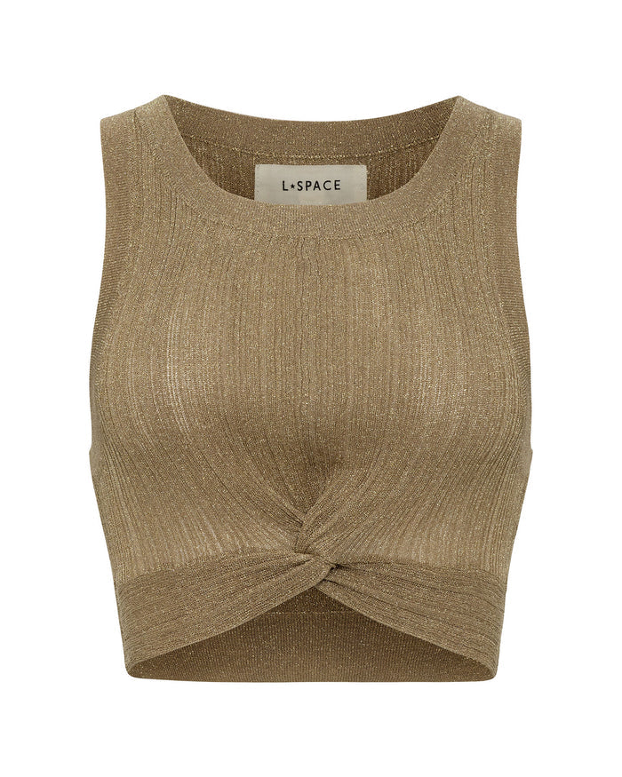 Off-model view of the LSPACE Heart Of Gold Tank in metallic gold, showing the cropped silhouette with high scoop neckline, sleeveless design, and twisted knot front detail on a white background.
