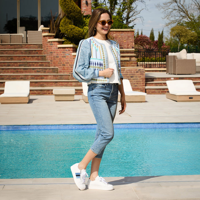 Hero-Stripe: White Leather & Multi Denim Shoes Sole Bliss