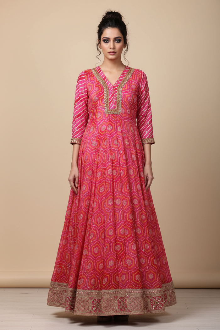 Front pose without dupatta - Hot Pink Honeycomb Anarkali