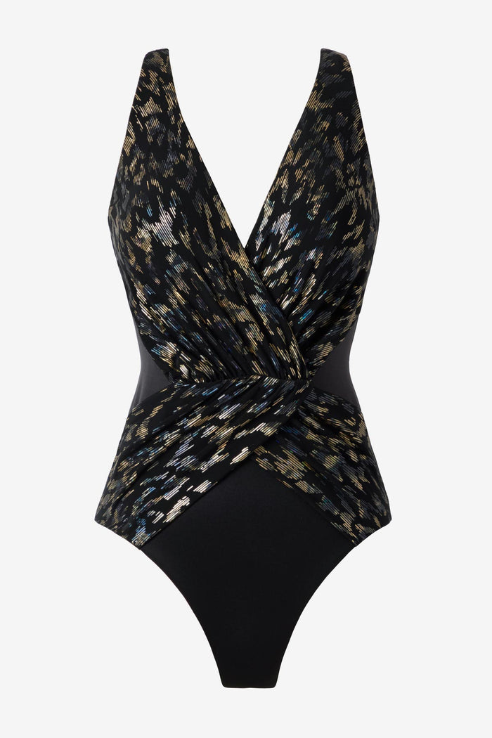 Sparkly black one-piece swimsuit with a V neckline