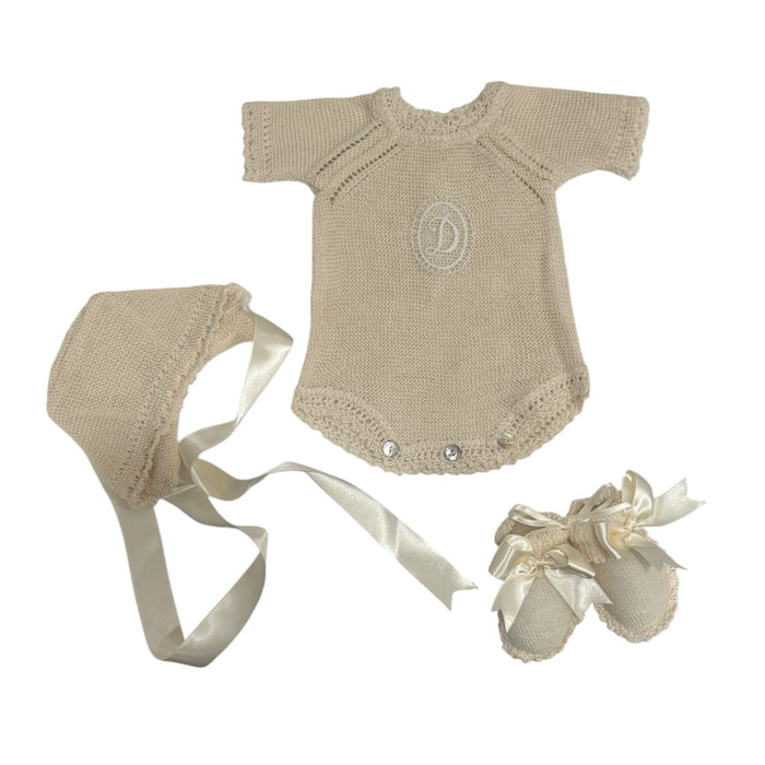 Initial Knitted Cream 3-piece Knitted Romper
