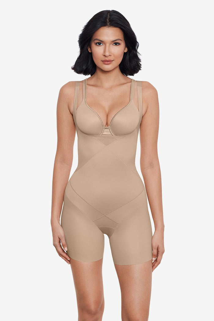 Instant Tummy Tuck! Open Bust Mid-Thigh Bodysuit