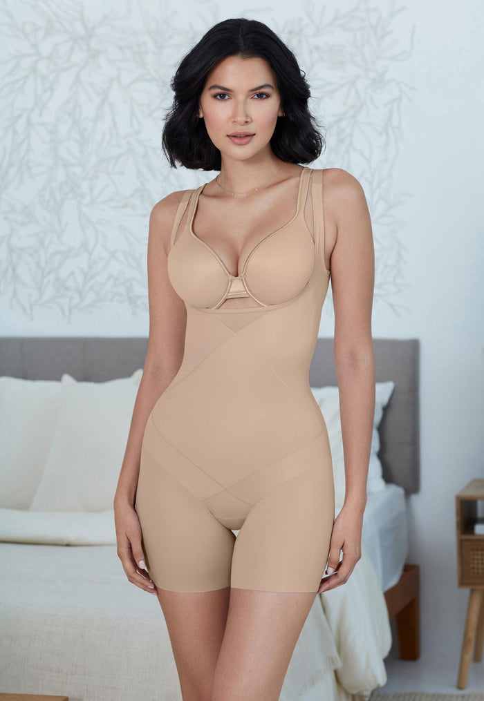 Instant Tummy Tuck! Open Bust Mid-Thigh Bodysuit