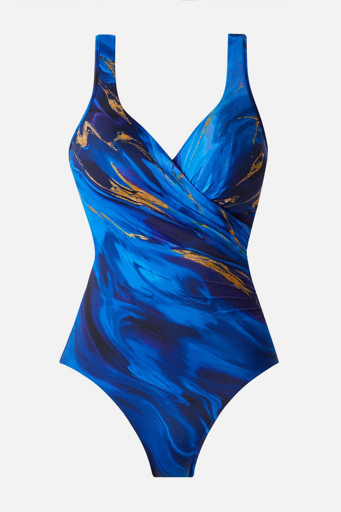 Blue and gold oil slick-esque printed one-piece swimsuit