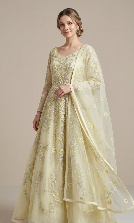 Ivory Embroidered Anarkali Set