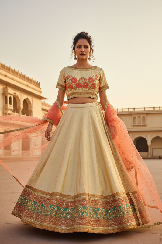 Ivory Festive Silk Lehenga Set - Front Pose