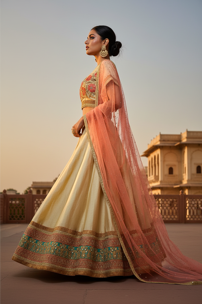 Ivory Festive Silk Lehenga Set - Side Pose