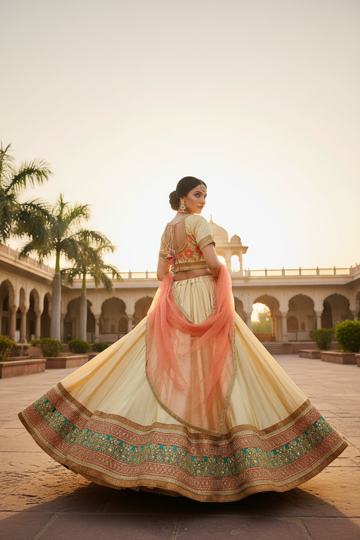 Ivory Festive Silk Lehenga Set - Back Pose