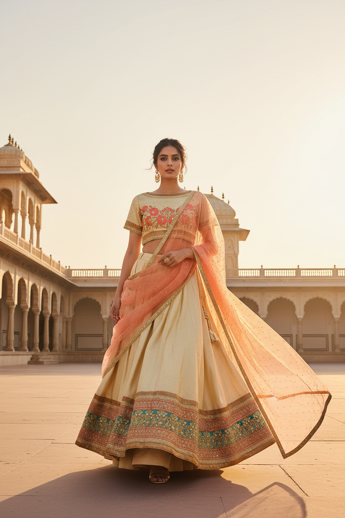 Ivory Festive Silk Lehenga Set - Walking Pose