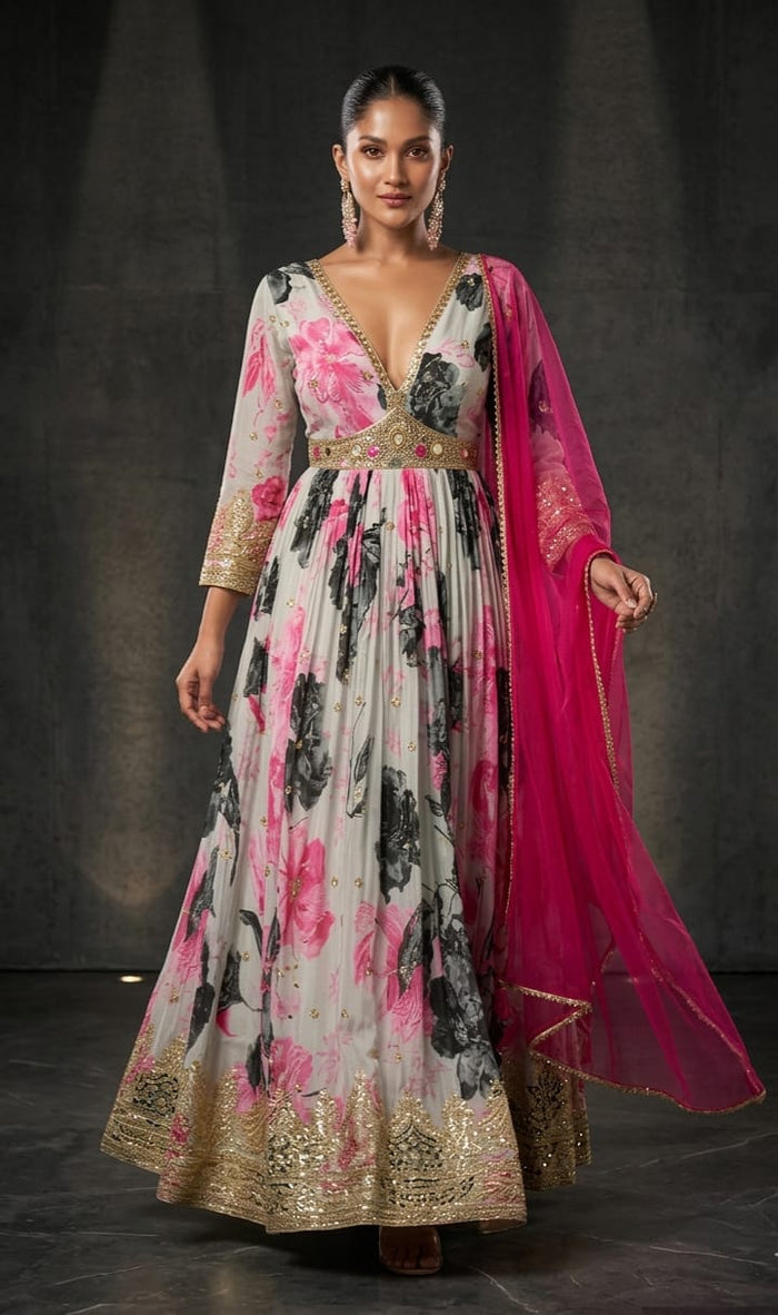 Ivory Floral Anarkali Gown with Gold Embroidery & Pink Dupatta