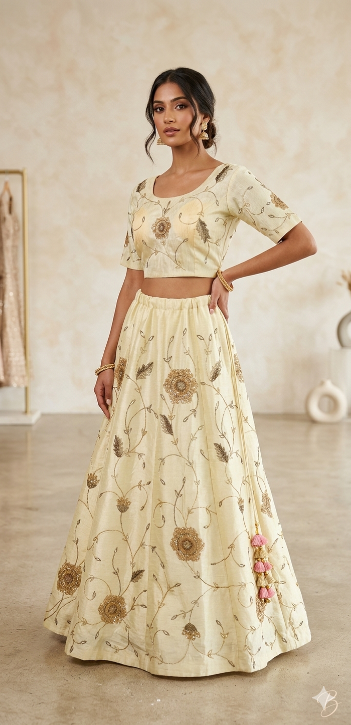 Ivory Gold Embroidered Lehenga Set with Peach Organza Dupatta