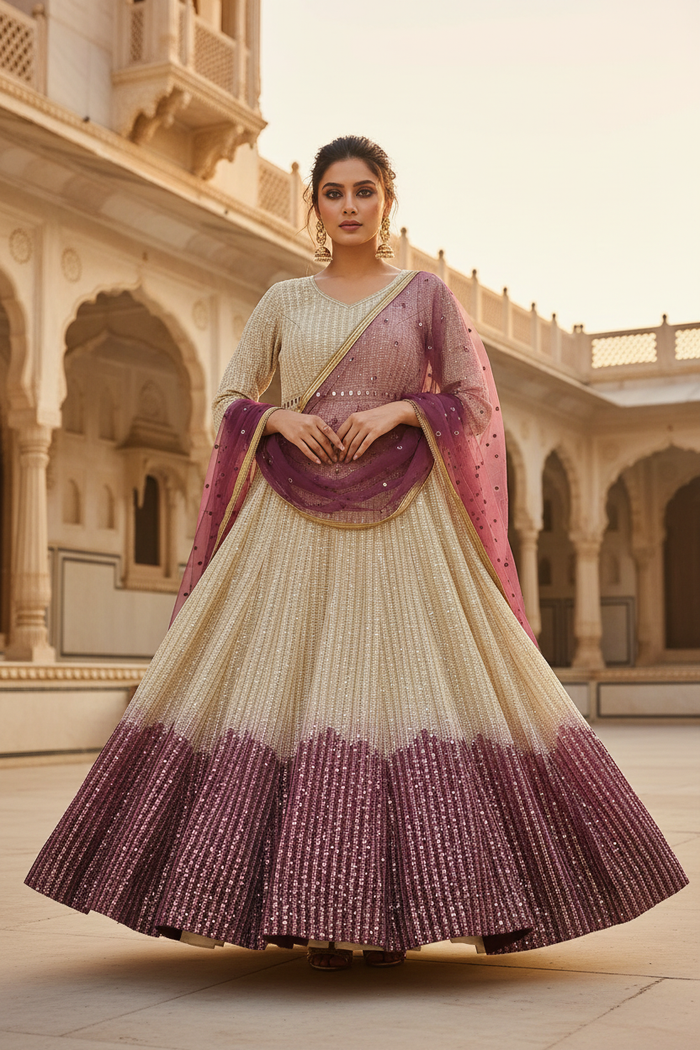 Ivory Plum Ombre Lucknowi Gown
