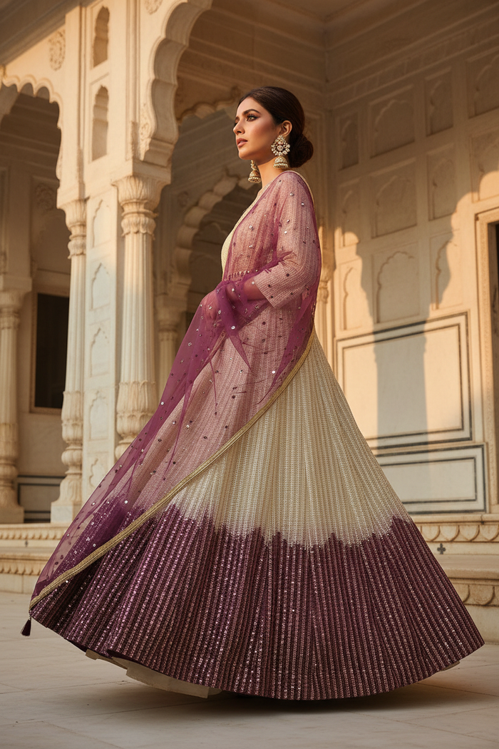 Ivory Plum Ombre Lucknowi Gown