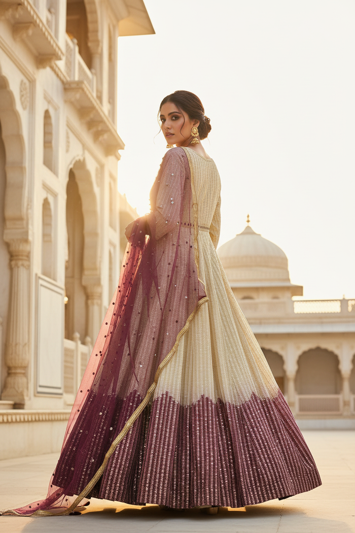 Ivory Plum Ombre Lucknowi Gown