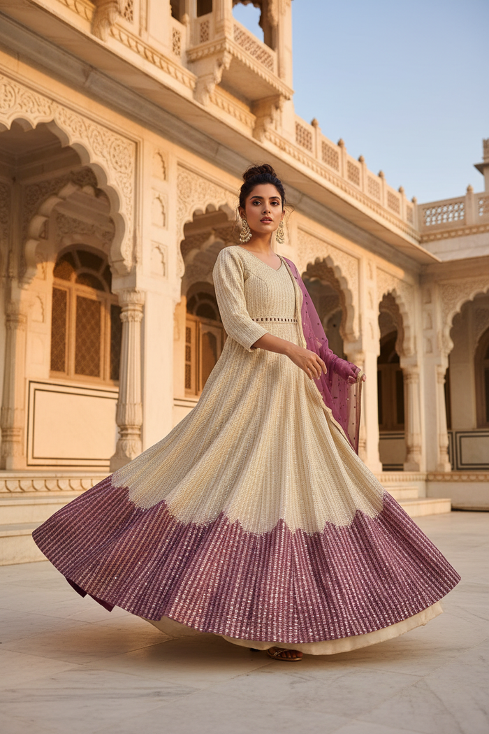 Ivory Plum Ombre Lucknowi Gown