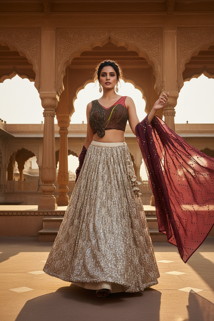 Ivory Sequin Lehenga Set