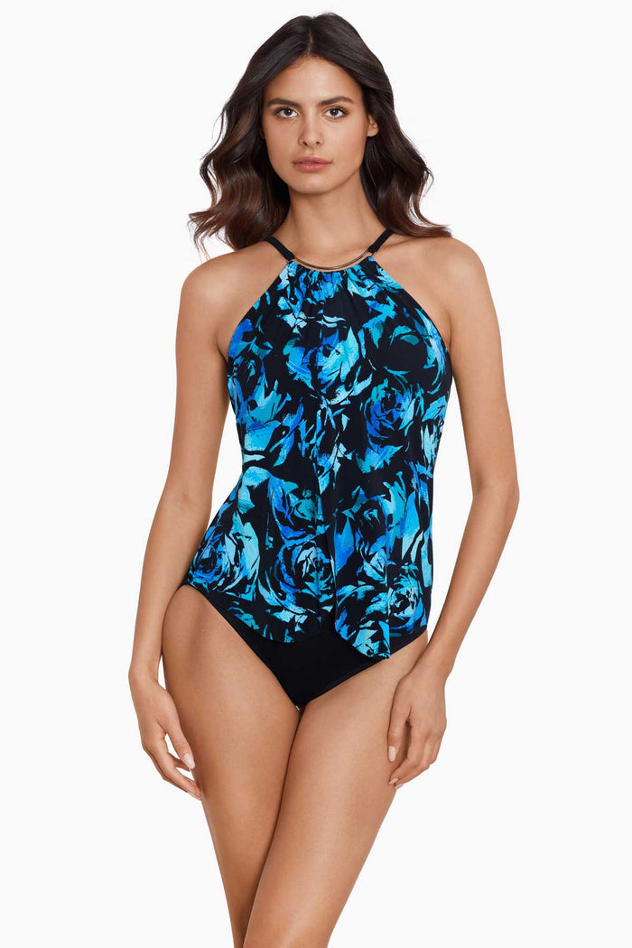 Woman in a high neck swim dress.