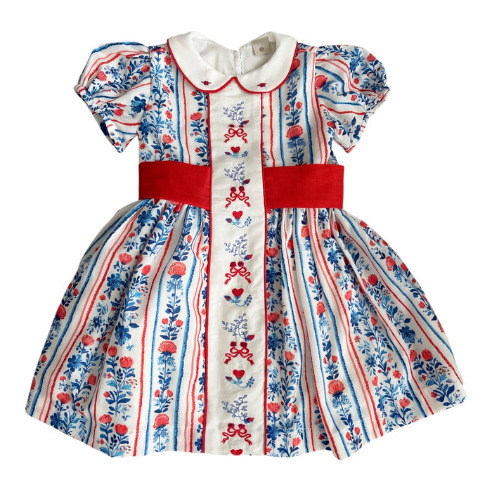 Julia Red&Blue Vertical Garden Handembroidered Dress