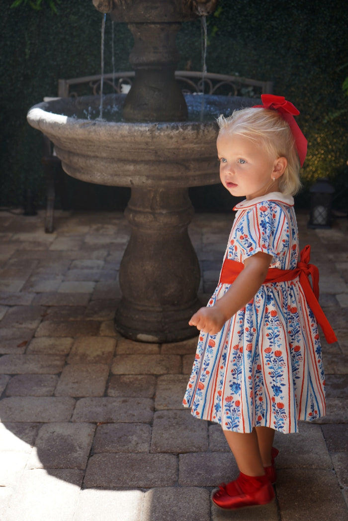 Julia Red&Blue Vertical Garden Handembroidered Dress