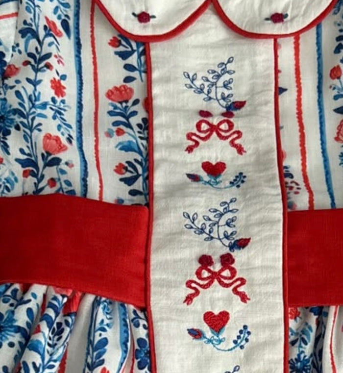 Julia Red&Blue Vertical Garden Handembroidered Dress