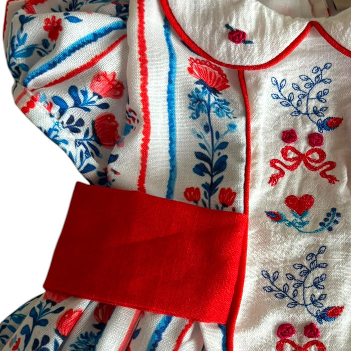 Julia Red&Blue Vertical Garden Handembroidered Dress