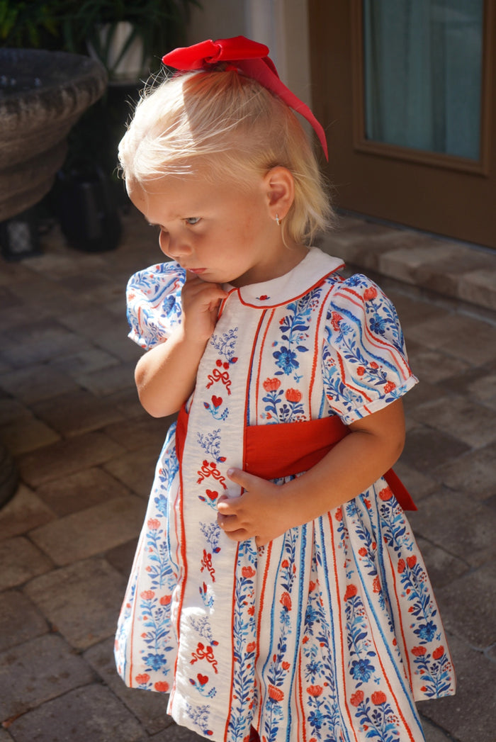 Julia Red&Blue Vertical Garden Handembroidered Dress