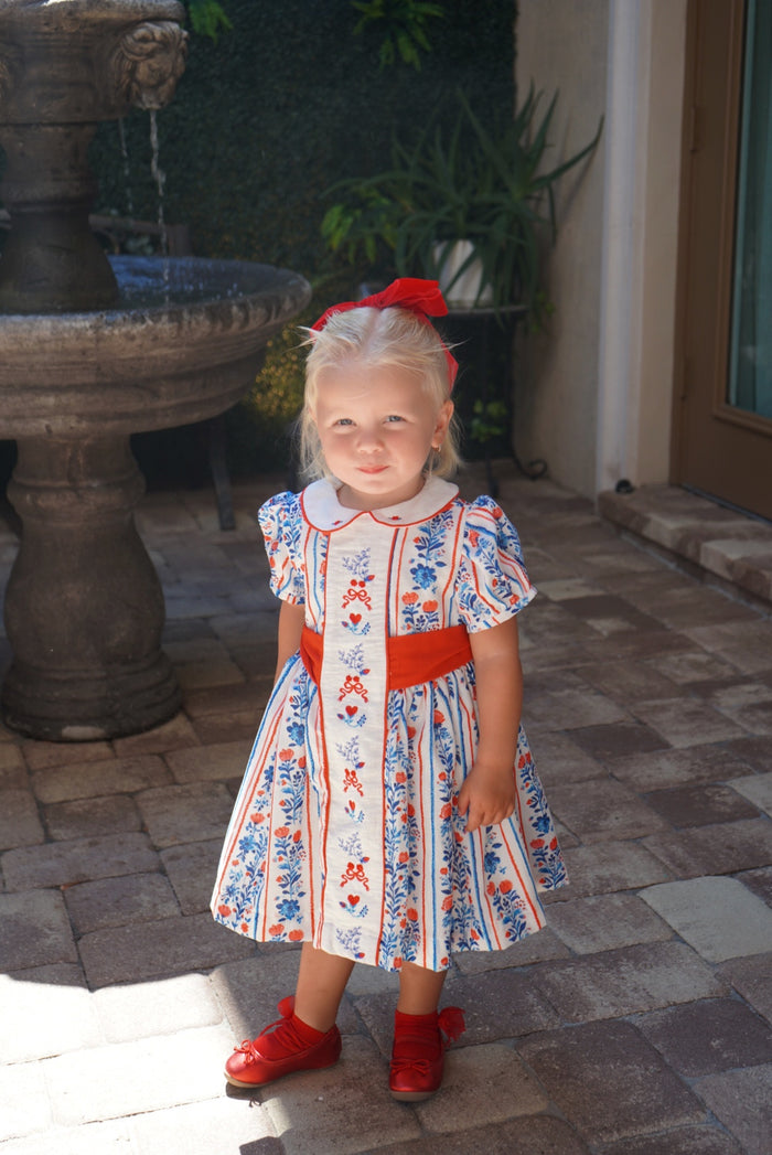 Julia Red&Blue Vertical Garden Handembroidered Dress