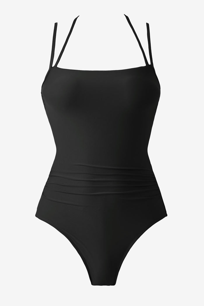 Black one-piece swimsuit with double straps