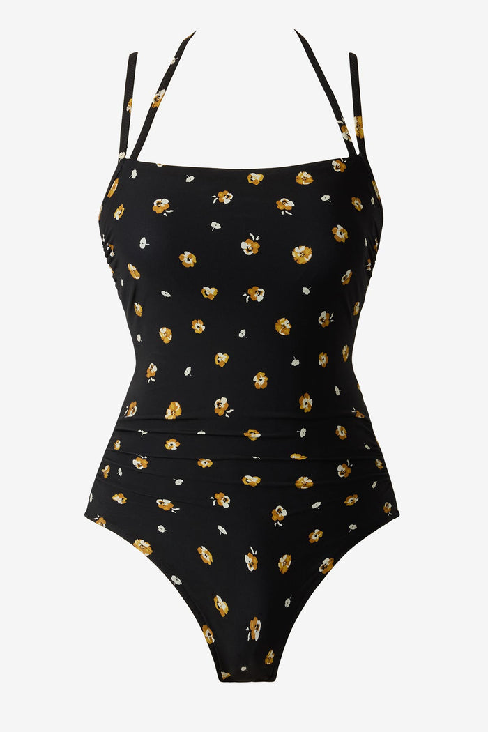 One-piece swimsuit with a small floral pattern