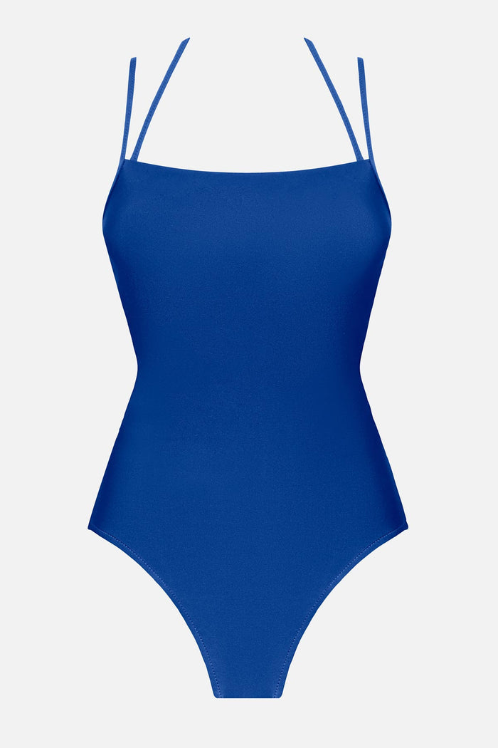 Blue one-piece swimsuit with double straps