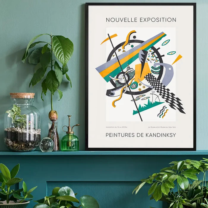 Kandinsky Nouvelle Exhibition Poster, fine art poster black framed on a living room shelf