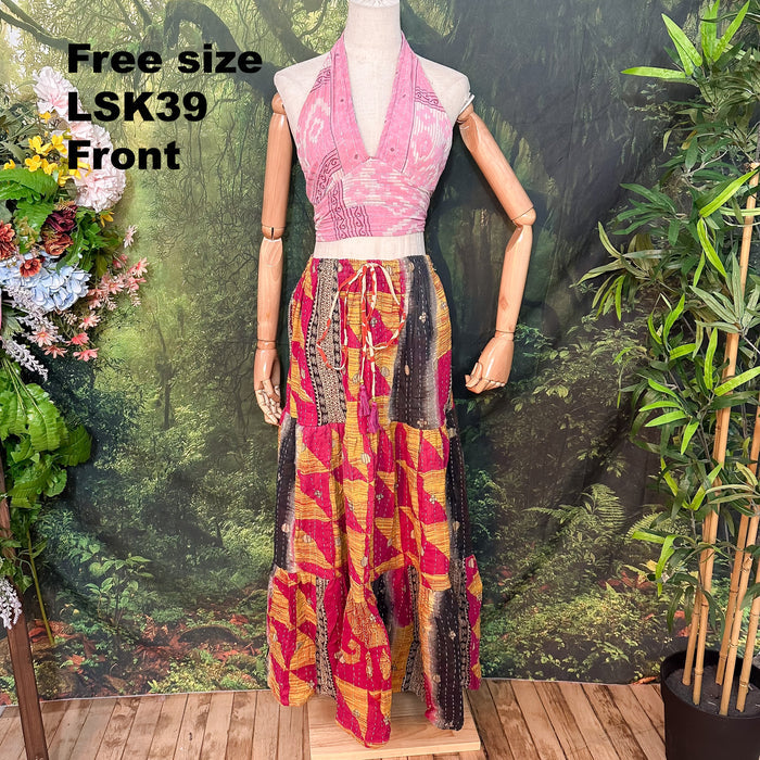 Kantha Long Tiered  Flowy Skirt with Pockets