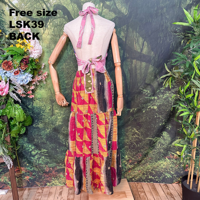 Kantha Long Tiered  Flowy Skirt with Pockets