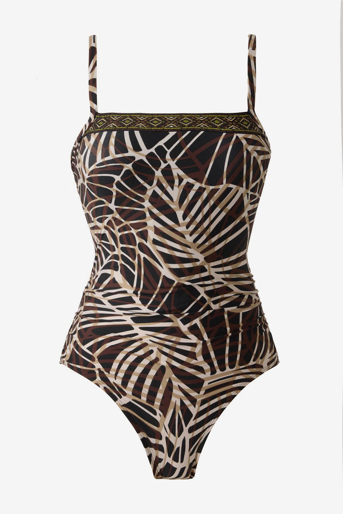 Brown abstract printed one-piece swimsuit with a detailed pattern on the neckline