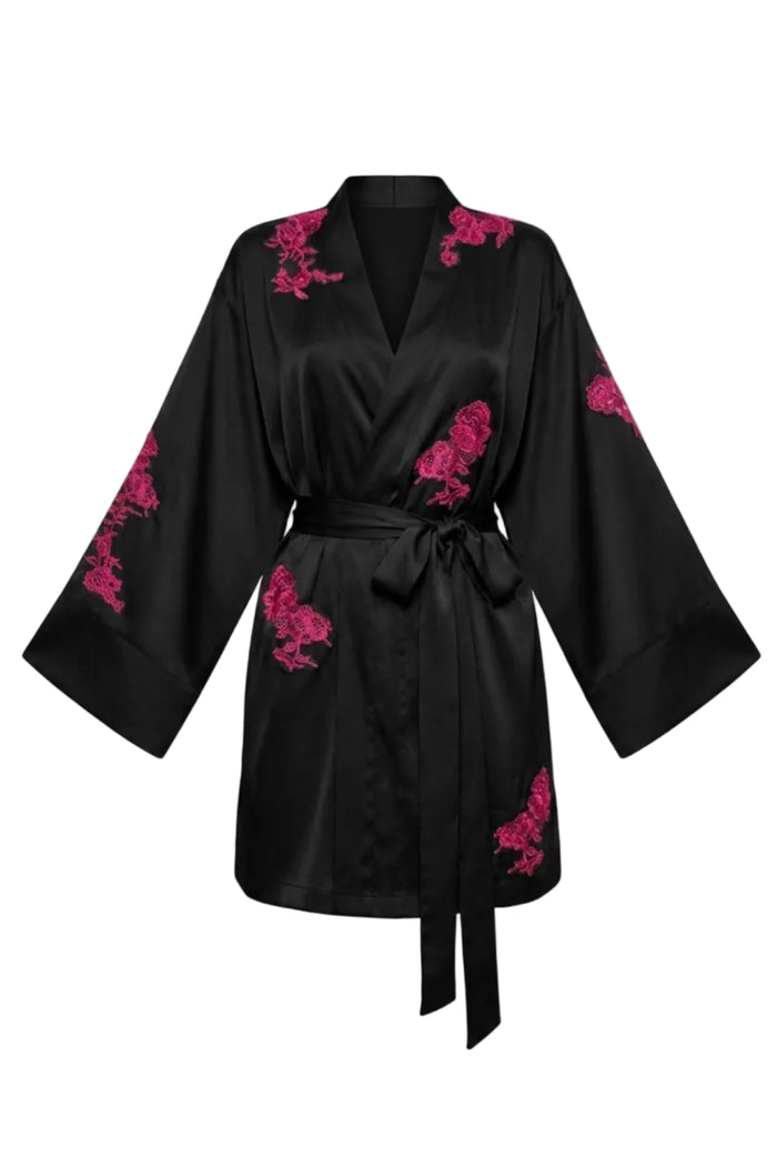 Kasumi Signatures black garden mini kimono robe