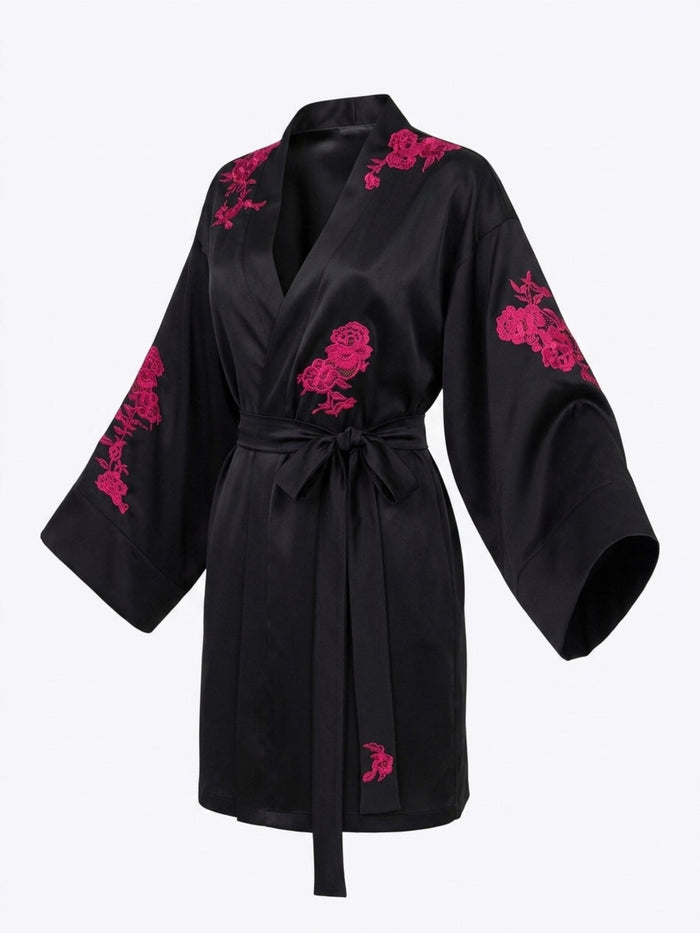 Kasumi Signatures black garden mini kimono robe