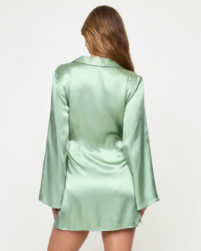 Back view of a model wearing the LSPACE Las Palmas Dress in celadon, showing the wide long sleeves and smooth satin back.