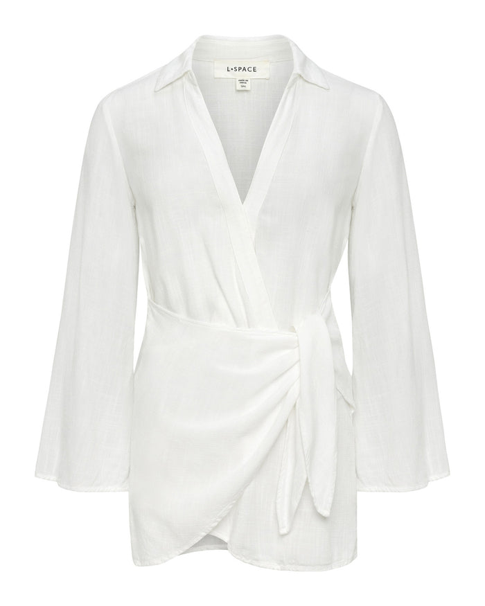 Off-model view of the LSPACE Las Palmas Dress in cream, displaying the full silhouette with shirt collar, V-neckline, long flared sleeves, and wrap tie at the waist on a white background.