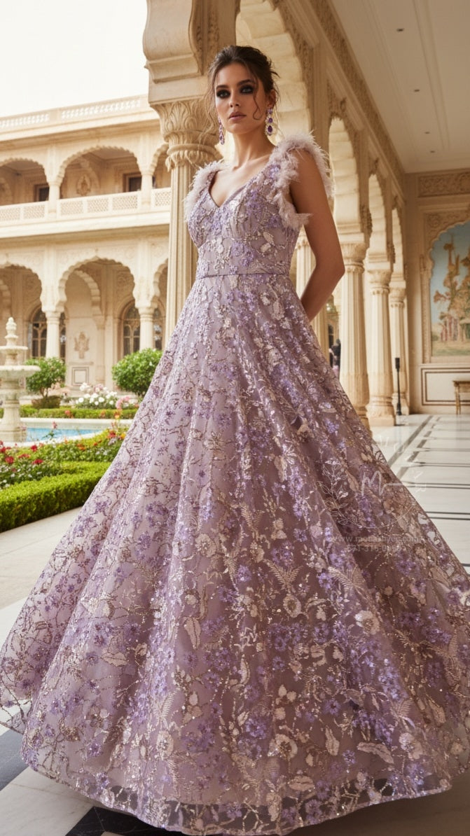 Lavender Embroidered Ball Gown with Floral Embellishments & Feather Details