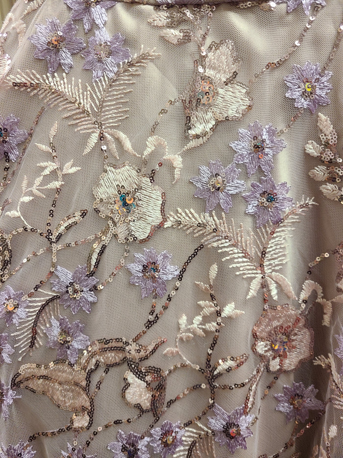 Lavender Embroidered Ball Gown with Floral Embellishments & Feather Details
