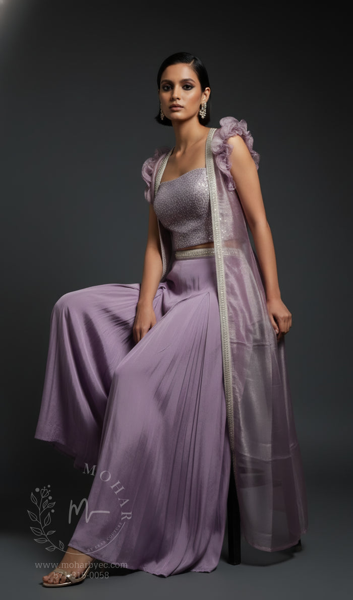 Lavender Ombré Embroidered Sharara Set with Cape Sleeves