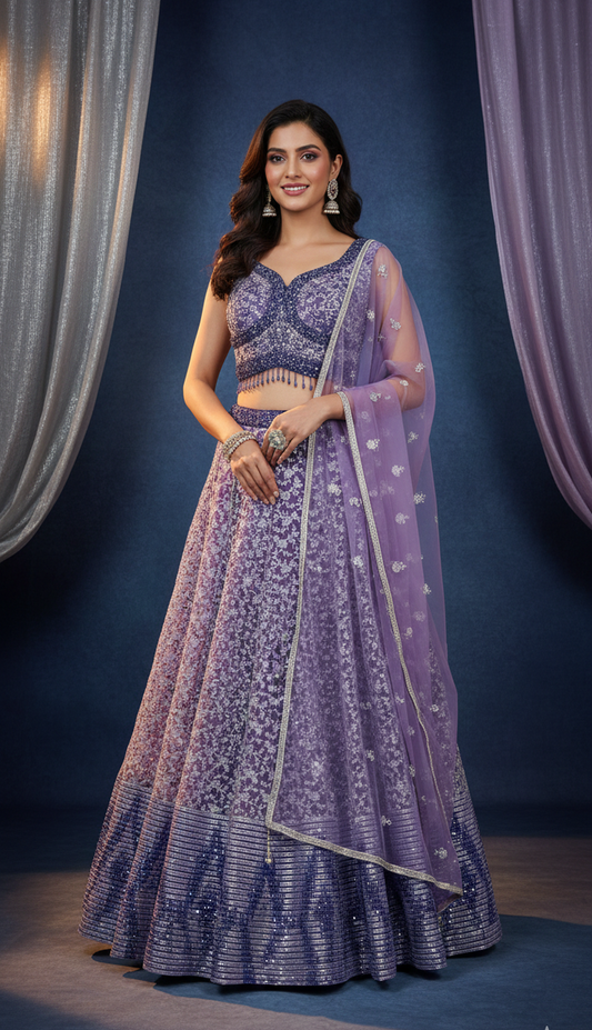 Lavender Pearl & Sequin Embroidered Net Lehenga Set
