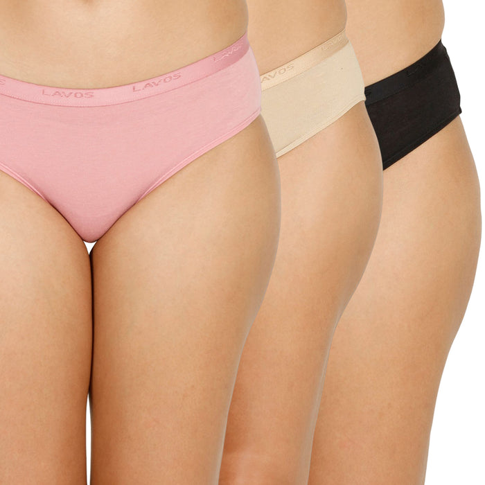 Organic Bamboo outer elastic bikini for Women-pack of 3's photograph that's made with an innovative bamboo and organic cotton fabric from Lavos Performance, a carbon neutral eco-fashion company. Lavos Performance Women's Bikini Panty comes in a pack of 3 with assorted colors. Perfect for your day-to-day routine. Made of signature Air jersey fabric that is extremely soft, lightweight, and skin-friendly. Added front and back coverage. Anti-bacterial and odor-free. Ultra Soft Bamboo/Cotton keeps yo