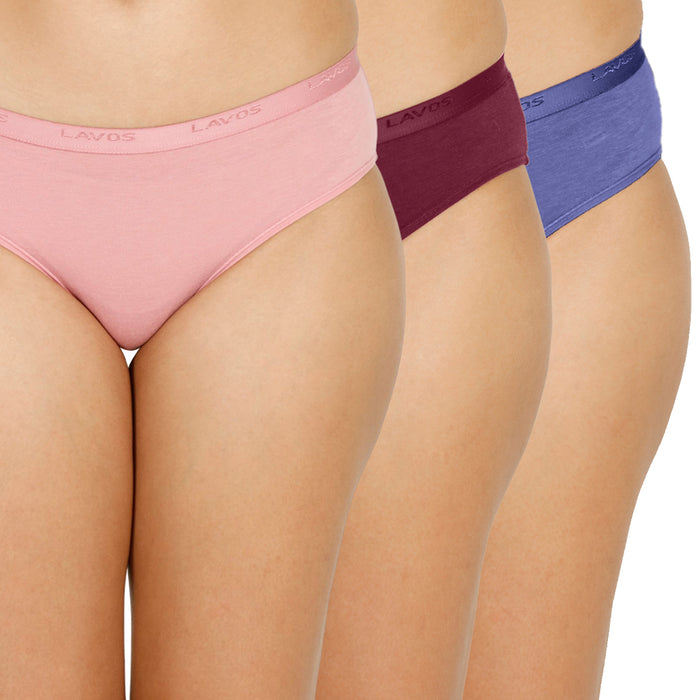 Organic Bamboo outer elastic bikini for Women-pack of 3's photograph that's made with an innovative bamboo and organic cotton fabric from Lavos Performance, a carbon neutral eco-fashion company. Lavos Performance Women's Bikini Panty comes in a pack of 3 with assorted colors. Perfect for your day-to-day routine. Made of signature Air jersey fabric that is extremely soft, lightweight, and skin-friendly. Added front and back coverage. Anti-bacterial and odor-free. Ultra Soft Bamboo/Cotton keeps yo
