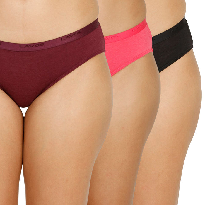 Organic Bamboo outer elastic bikini for Women-pack of 3's photograph that's made with an innovative bamboo and organic cotton fabric from Lavos Performance, a carbon neutral eco-fashion company. Lavos Performance Women's Bikini Panty comes in a pack of 3 with assorted colors. Perfect for your day-to-day routine. Made of signature Air jersey fabric that is extremely soft, lightweight, and skin-friendly. Added front and back coverage. Anti-bacterial and odor-free. Ultra Soft Bamboo/Cotton keeps yo